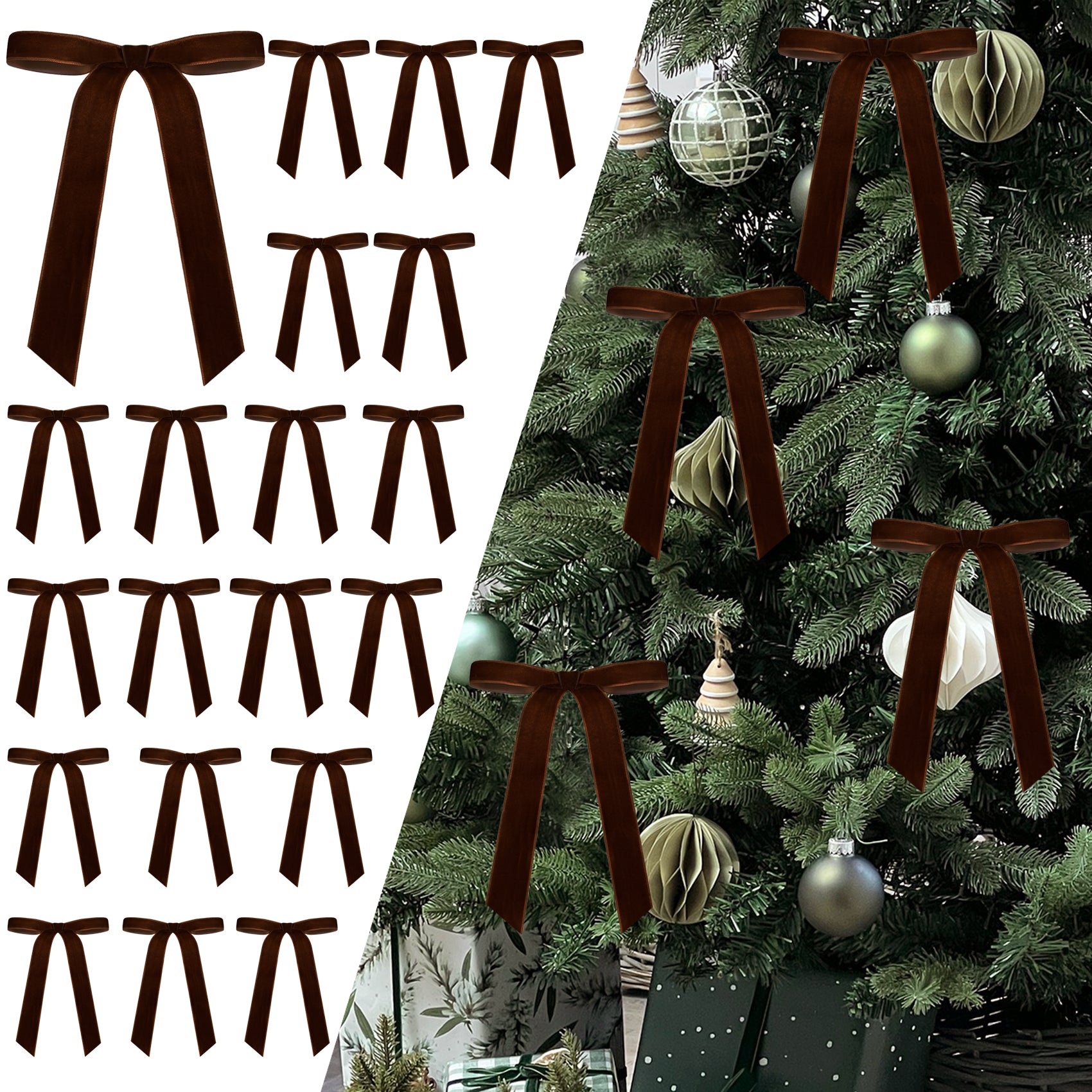 Senjie 24Pcs Christmas Velvet Bows for Tree, Vintage Ribbon Bows Ornaments for Garland Wreath Gift Wrapping Treat Bag Bakery Candy Bags DIY Crafts Holiday Decor (Khaki, 5" x 7", Width of 1")