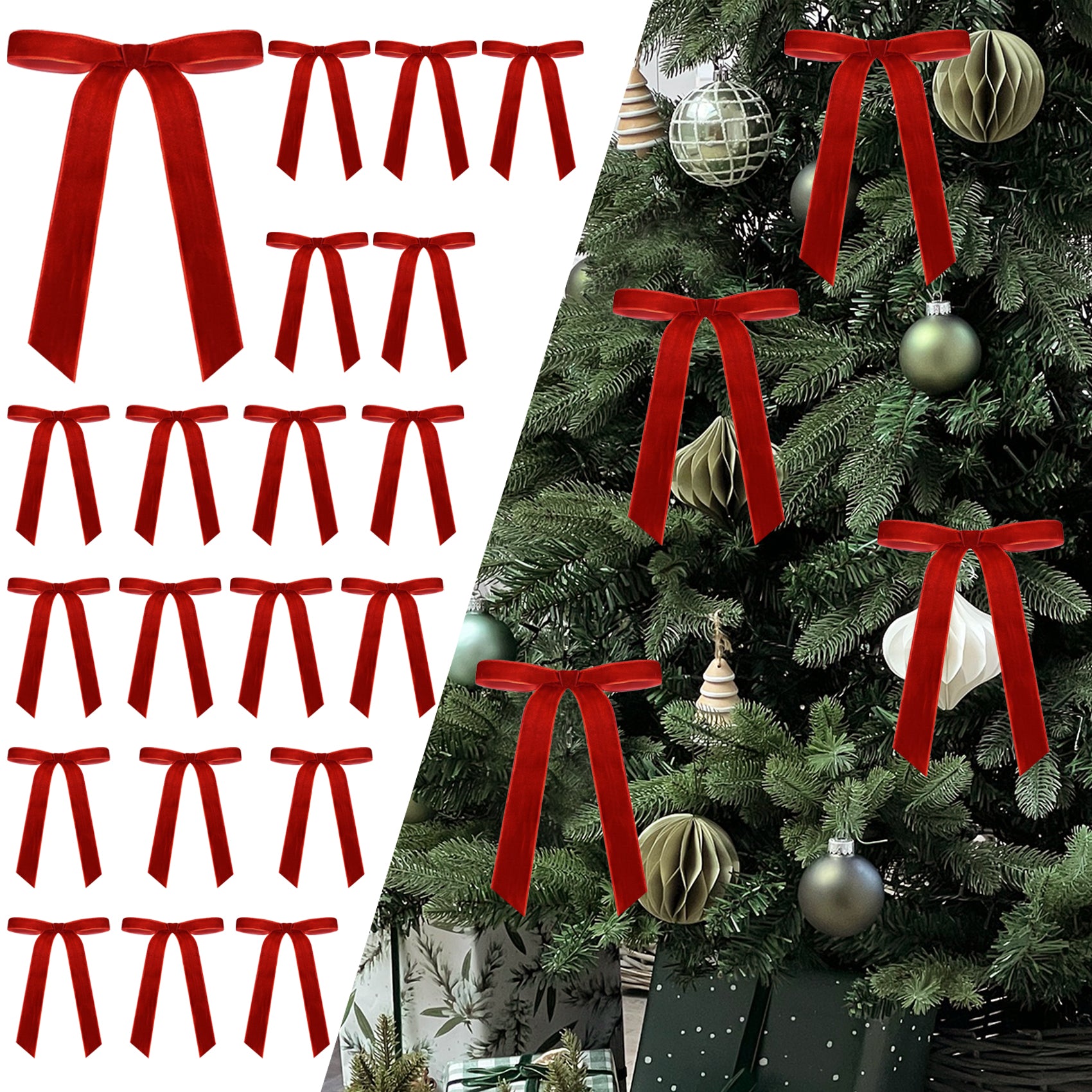 Senjie 24Pcs Christmas Velvet Bows for Tree, Vintage Ribbon Bows Ornaments for Garland Wreath Gift Wrapping Treat Bag Bakery Candy Bags DIY Crafts Holiday Decor (Khaki, 5" x 7", Width of 1")