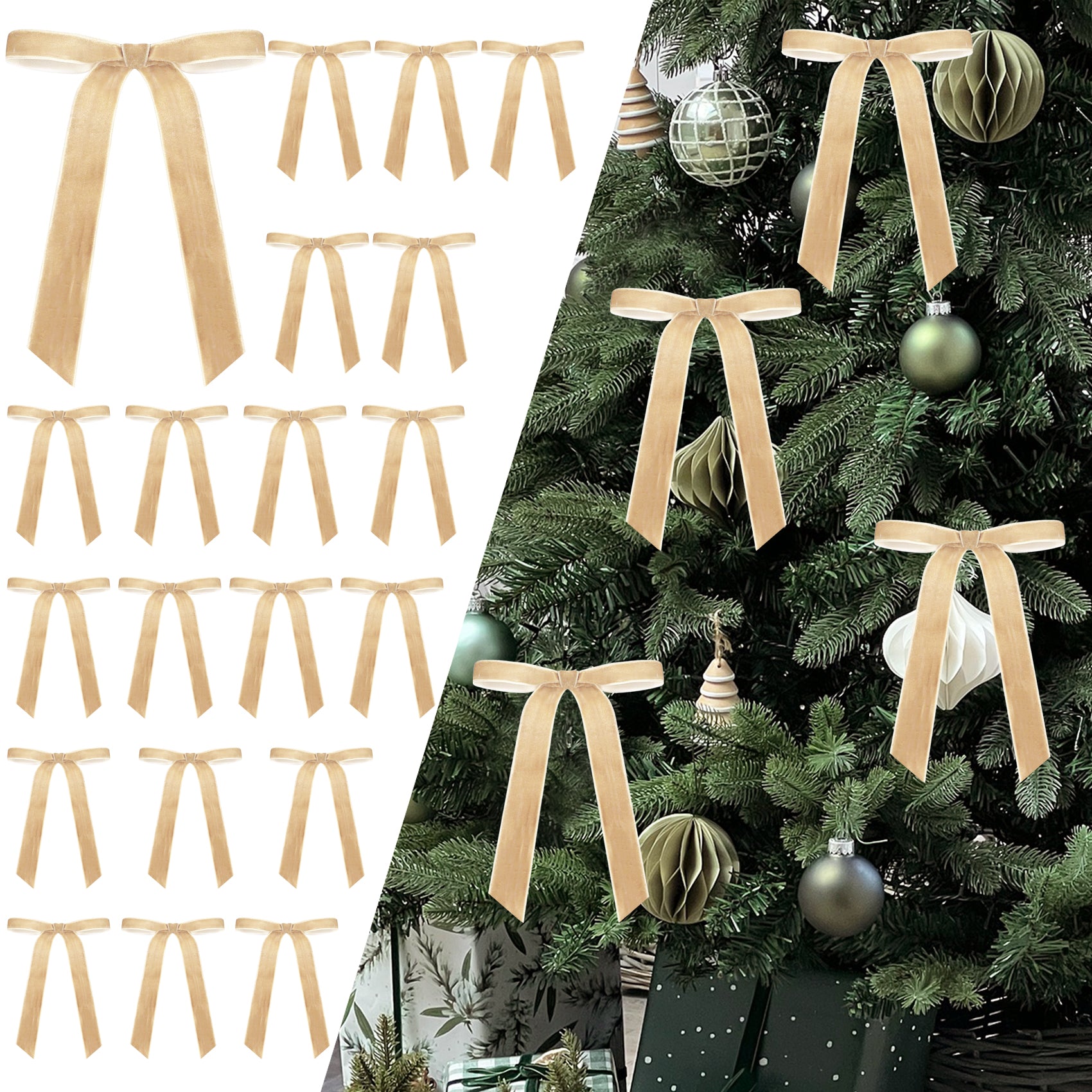 Senjie 24Pcs Christmas Velvet Bows for Tree, Vintage Ribbon Bows Ornaments for Garland Wreath Gift Wrapping Treat Bag Bakery Candy Bags DIY Crafts Holiday Decor (Khaki, 5" x 7", Width of 1")