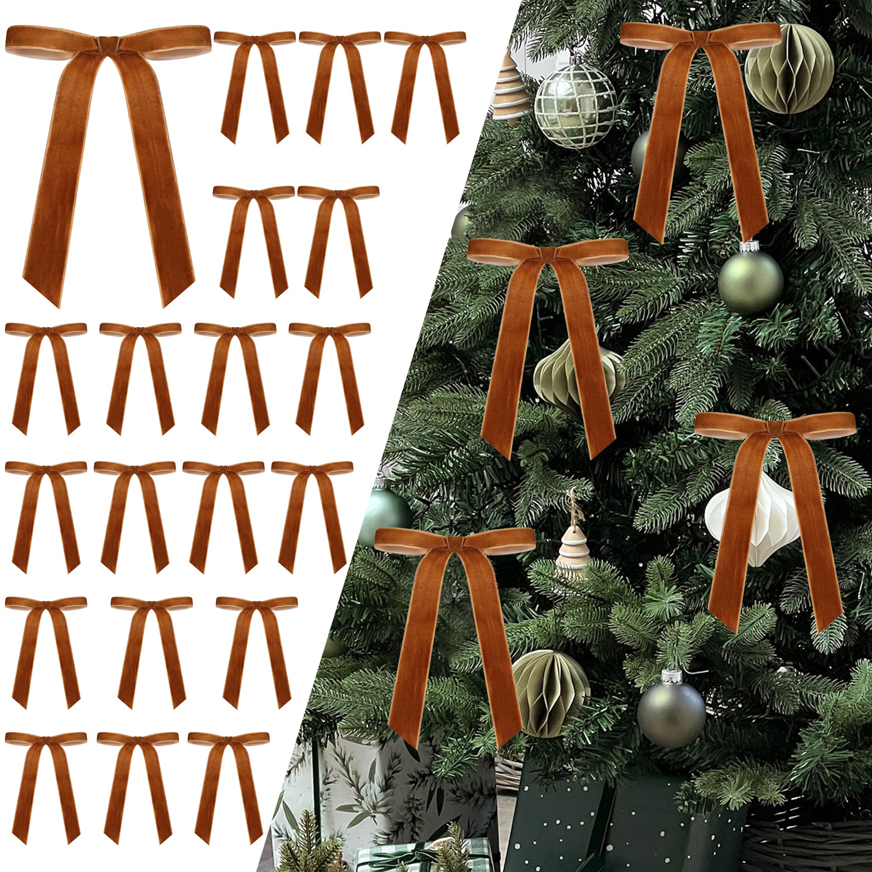 Senjie 24Pcs Christmas Velvet Bows for Tree, Vintage Ribbon Bows Ornaments for Garland Wreath Gift Wrapping Treat Bag Bakery Candy Bags DIY Crafts Holiday Decor (Khaki, 5" x 7", Width of 1")