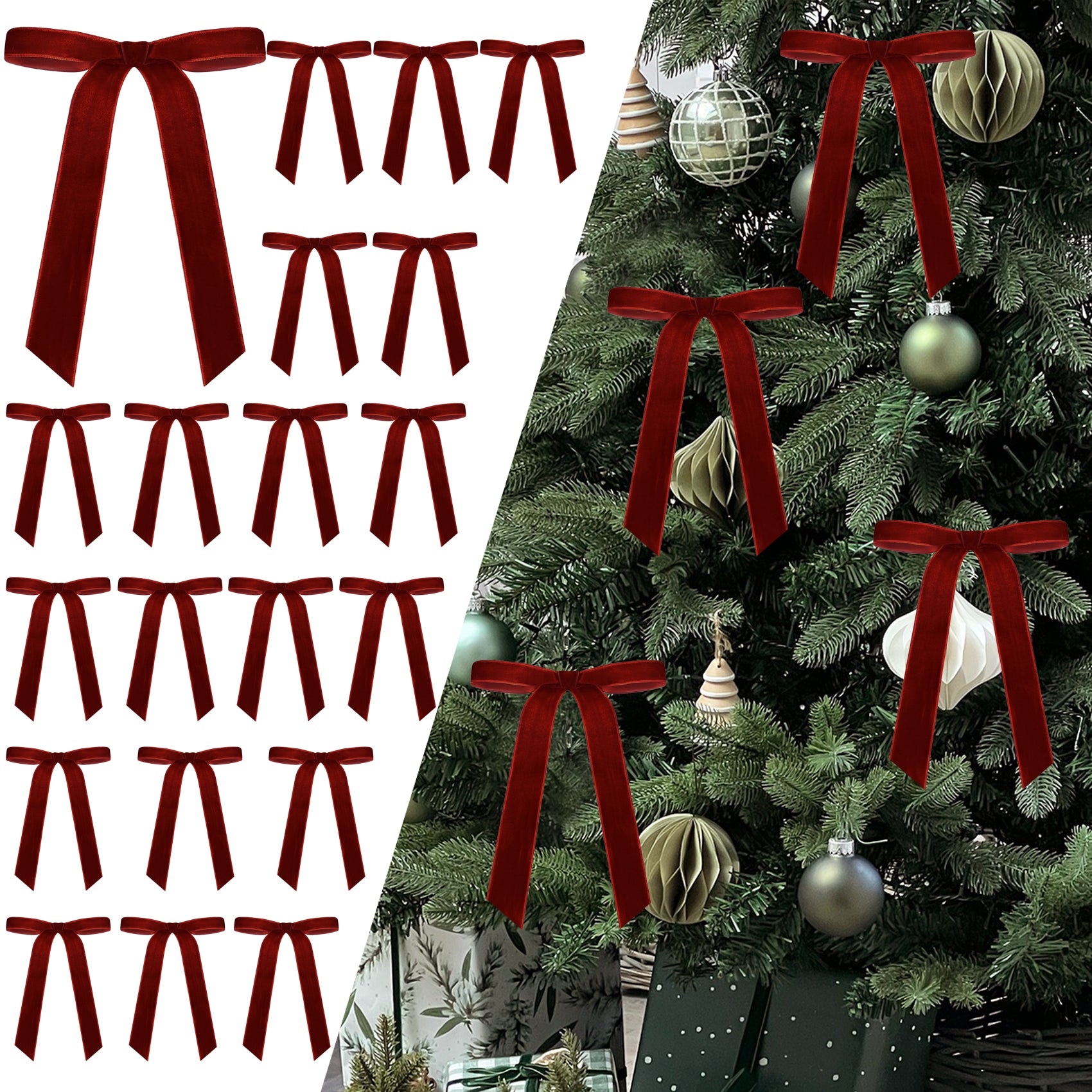 Senjie 24Pcs Christmas Velvet Bows for Tree, Vintage Ribbon Bows Ornaments for Garland Wreath Gift Wrapping Treat Bag Bakery Candy Bags DIY Crafts Holiday Decor (Khaki, 5" x 7", Width of 1")