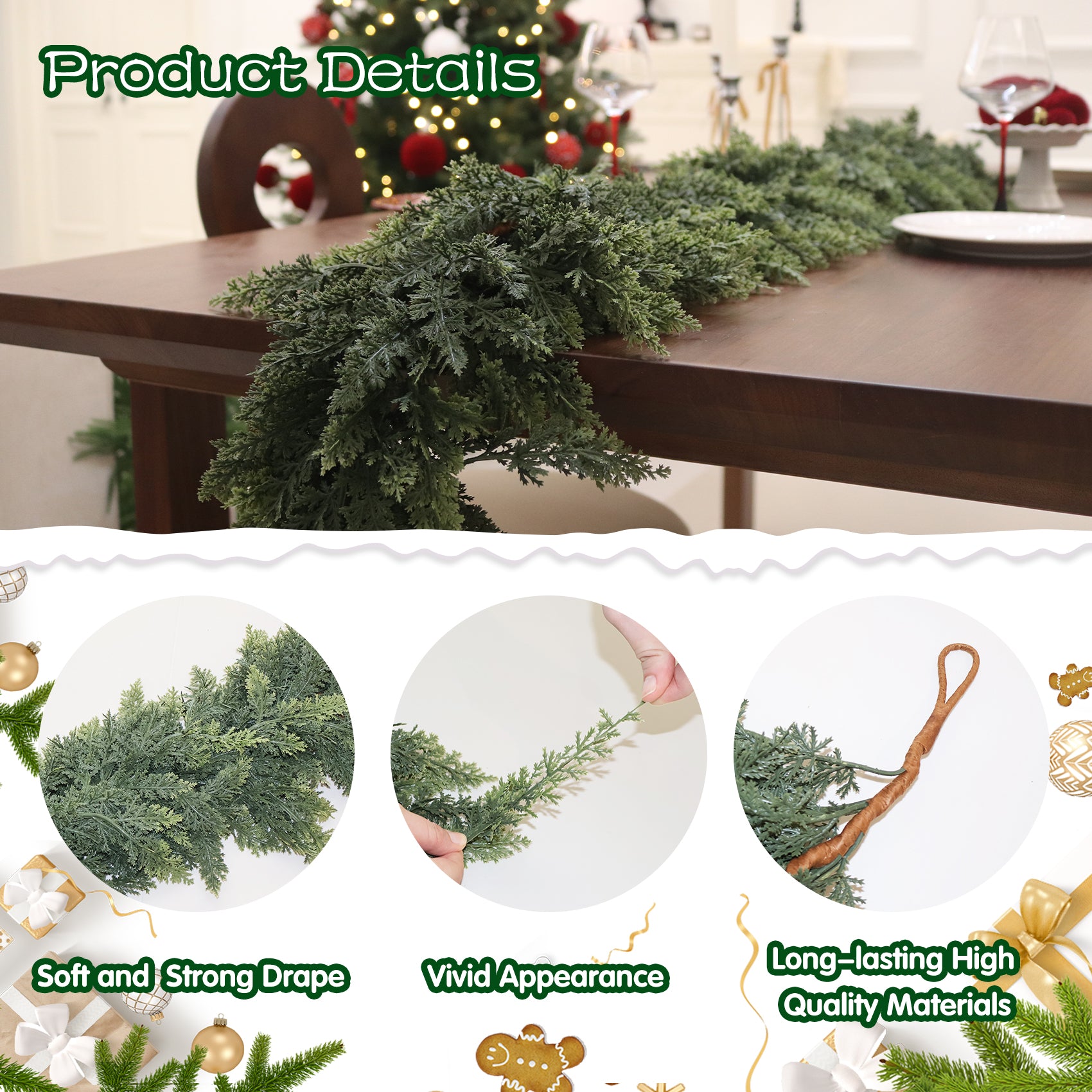 Artificial Cedar Garland for Christmas Decoration - Realistic Winter Greenery Garland for Mantel, Fireplace, Table, Door, Holiday Indoor Outdoor Decor