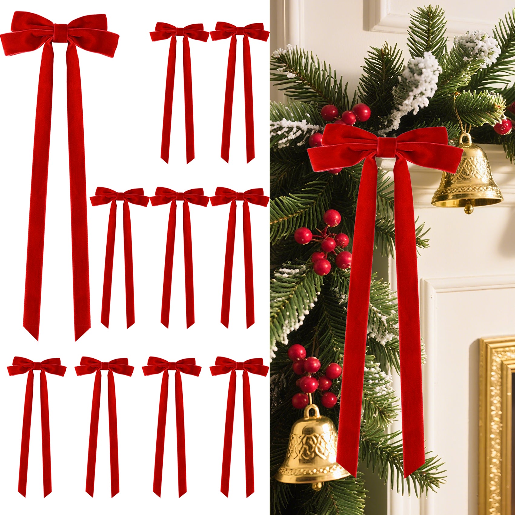 Senjie 10Pcs Large Velvet Christmas Tree Bows, 20in x 8in Premade Vintage Ribbon Tree Topper Bows Ornaments for Staircase Garland Wreath Holiday Home DIY Crafts Decorations