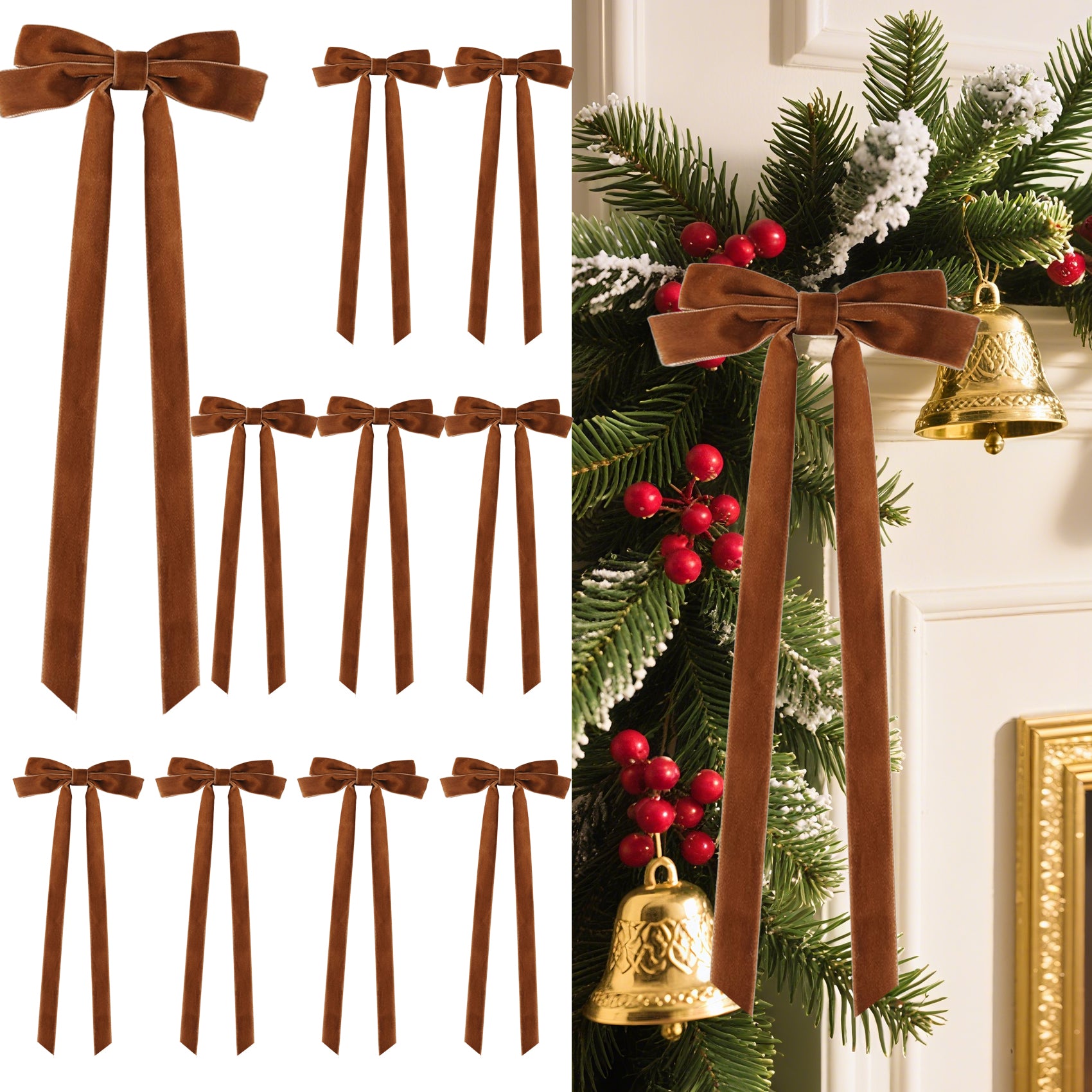 Senjie 10Pcs Large Velvet Christmas Tree Bows, 20in x 8in Premade Vintage Ribbon Tree Topper Bows Ornaments for Staircase Garland Wreath Holiday Home DIY Crafts Decorations
