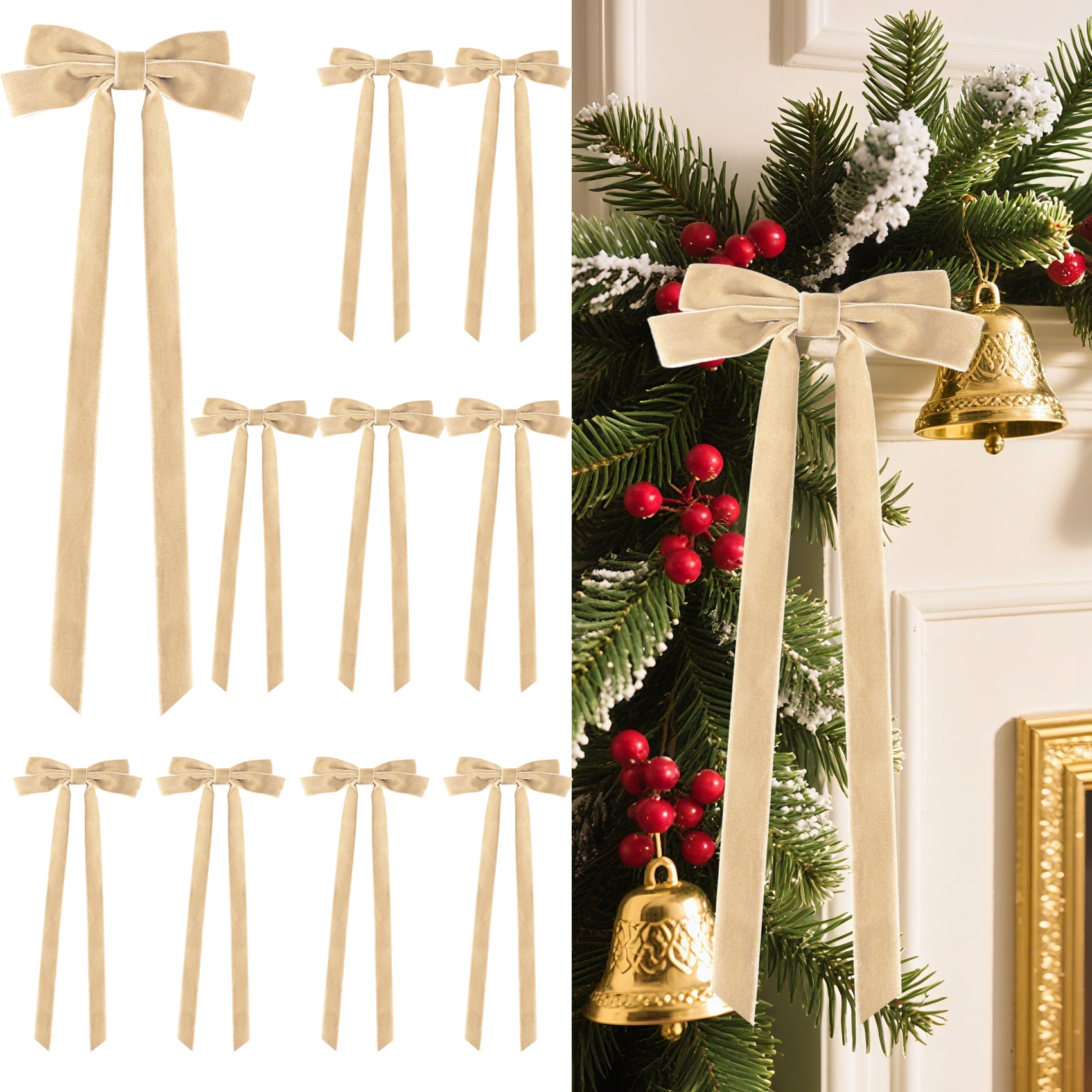 Senjie 10Pcs Large Velvet Christmas Tree Bows, 20in x 8in Premade Vintage Ribbon Tree Topper Bows Ornaments for Staircase Garland Wreath Holiday Home DIY Crafts Decorations