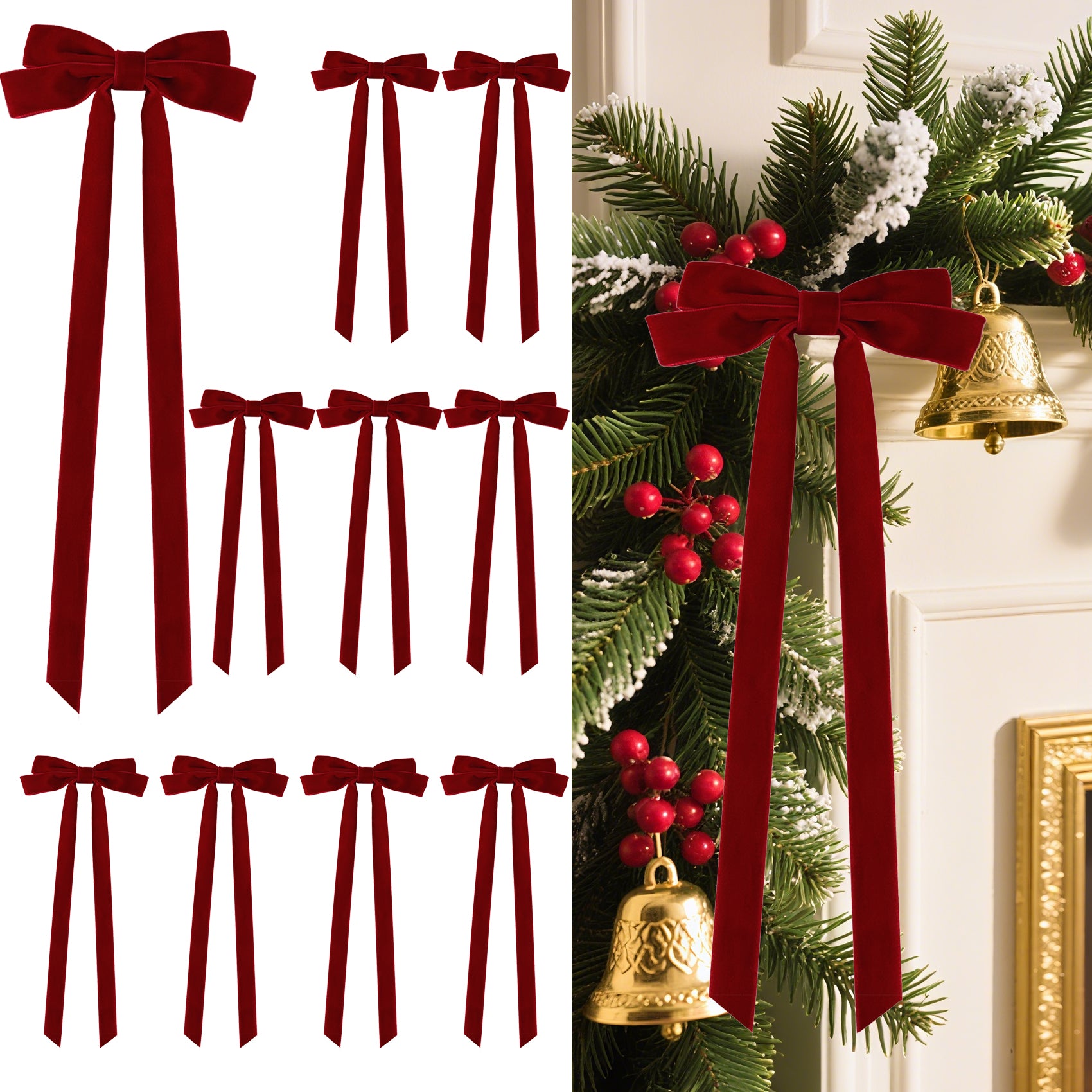 Senjie 10Pcs Large Velvet Christmas Tree Bows, 20in x 8in Premade Vintage Ribbon Tree Topper Bows Ornaments for Staircase Garland Wreath Holiday Home DIY Crafts Decorations