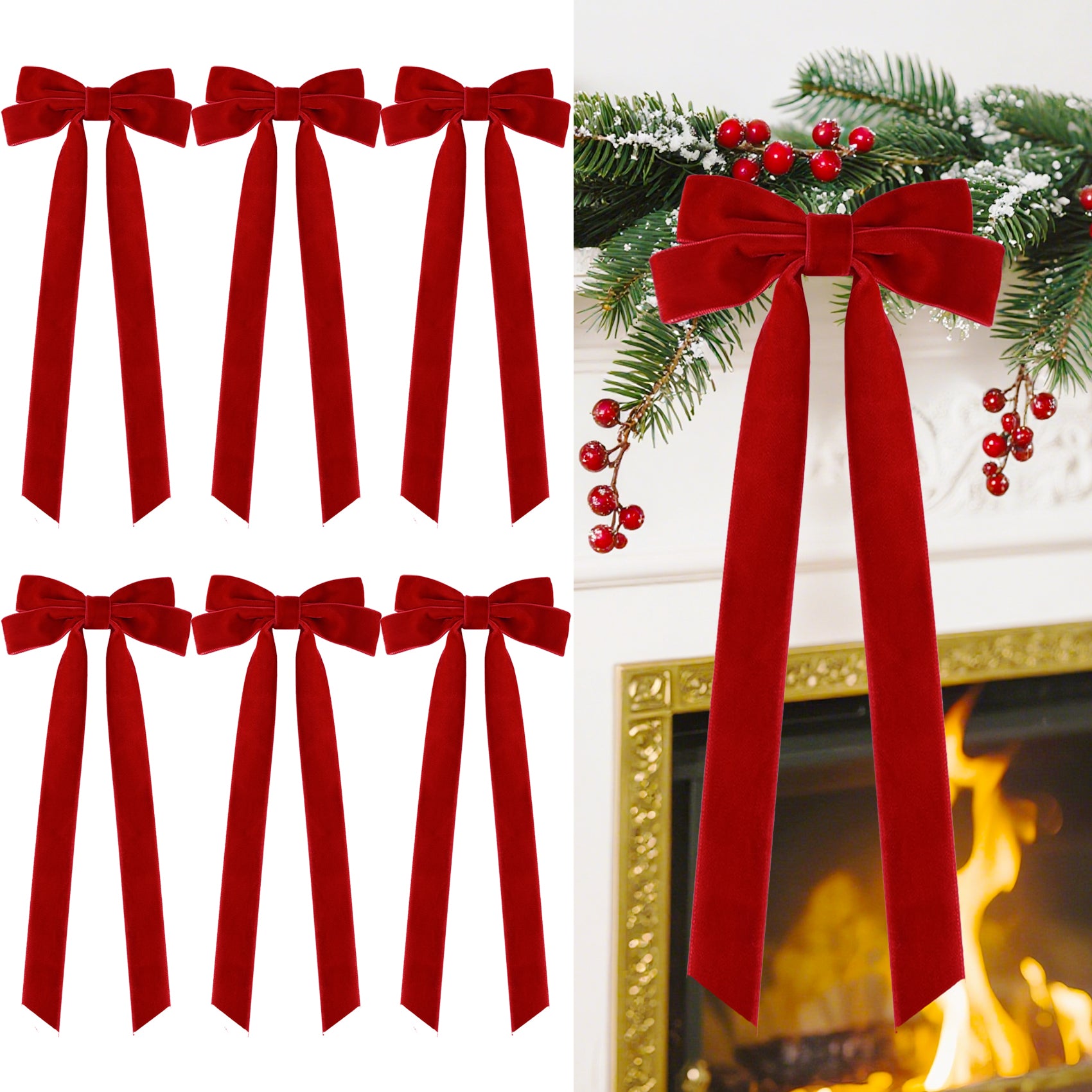Senjie Velvet Large Christmas Bows for Staircase Garland Wreath, 20in x 8in Vintage Ribbon Bows with Twist Tie for Xmas Tree Holiday Indoor Outdoor Decorations 6Pcs