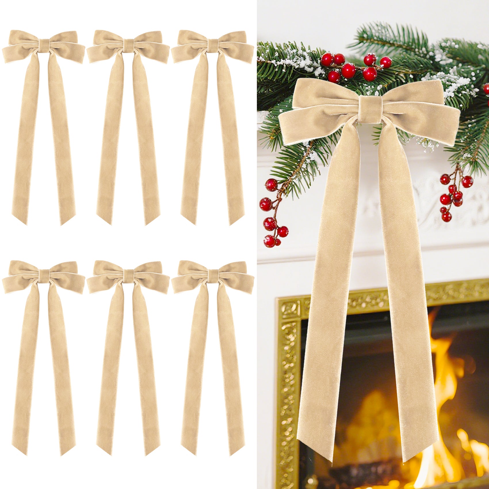 Senjie Velvet Large Christmas Bows for Staircase Garland Wreath, 20in x 8in Vintage Ribbon Bows with Twist Tie for Xmas Tree Holiday Indoor Outdoor Decorations 6Pcs