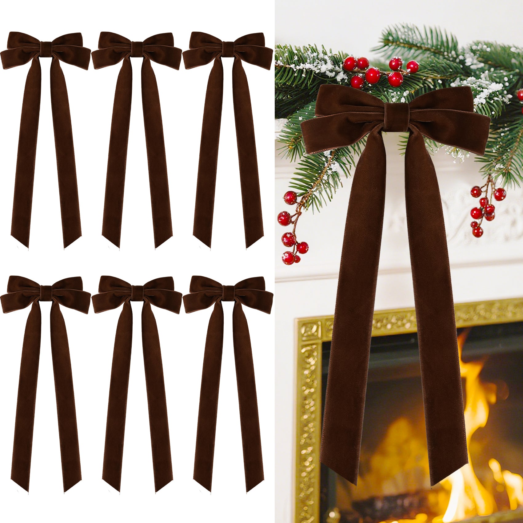 Senjie Velvet Large Christmas Bows for Staircase Garland Wreath, 20in x 8in Vintage Ribbon Bows with Twist Tie for Xmas Tree Holiday Indoor Outdoor Decorations 6Pcs
