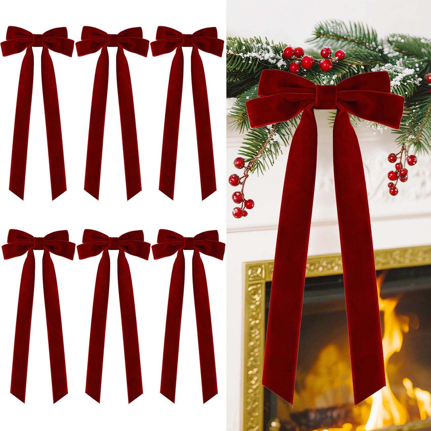 Senjie Velvet Large Christmas Bows for Staircase Garland Wreath, 20in x 8in Vintage Ribbon Bows with Twist Tie for Xmas Tree Holiday Indoor Outdoor Decorations 6Pcs