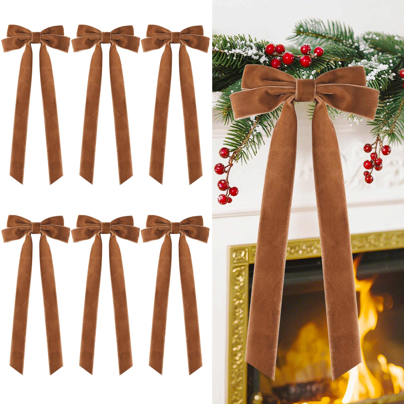 Senjie Velvet Large Christmas Bows for Staircase Garland Wreath, 20in x 8in Vintage Ribbon Bows with Twist Tie for Xmas Tree Holiday Indoor Outdoor Decorations 6Pcs