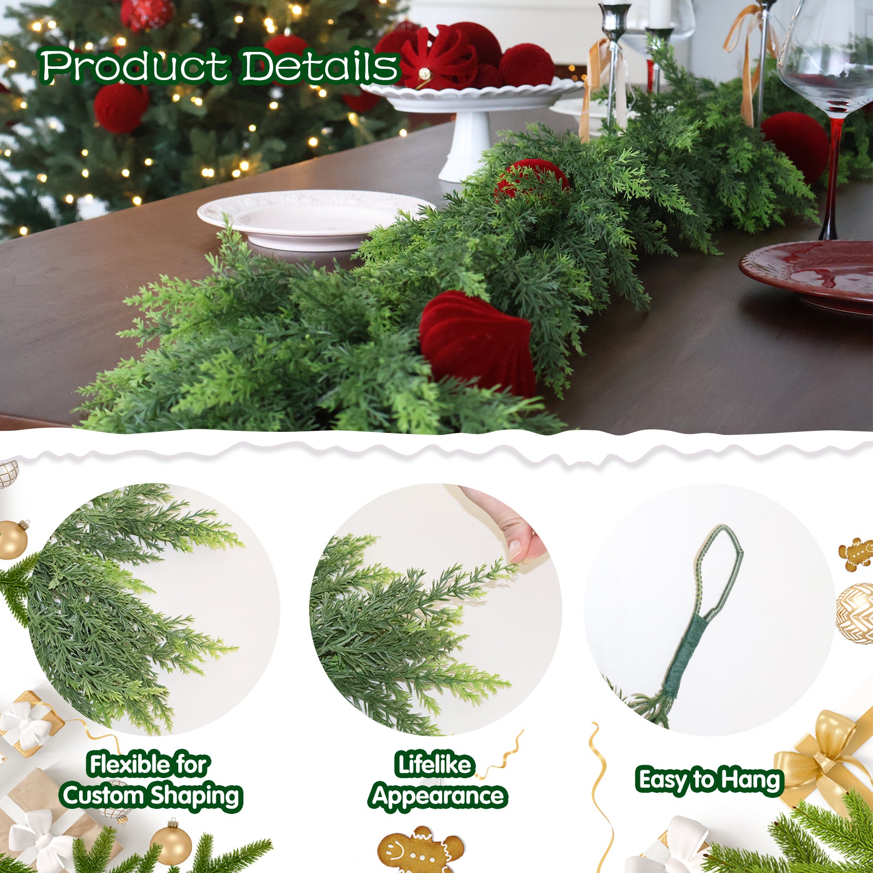 Christmas Cedar Garland Artificial Realistic Green Faux Real Touch Winter Pine Garland for Mantle Fireplace Wall Table Indoor Outdoor Decoraiton