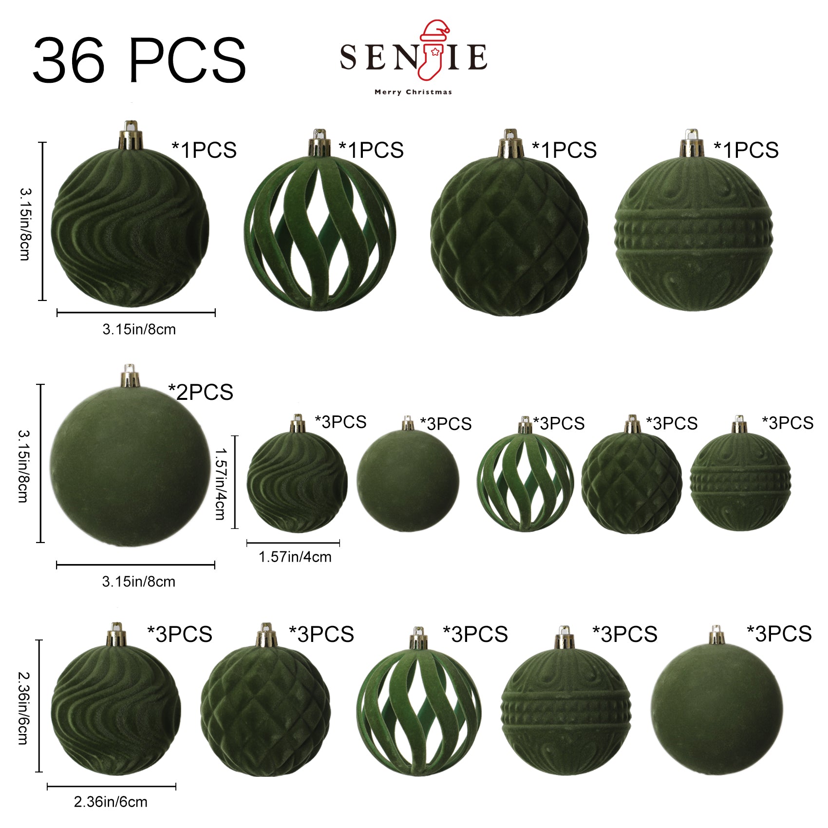 36pcs Velvet Ornaments for Christmas Trees, Flocked Christmas Balls Sets Assortment for Xmas Tree Holiday Decor