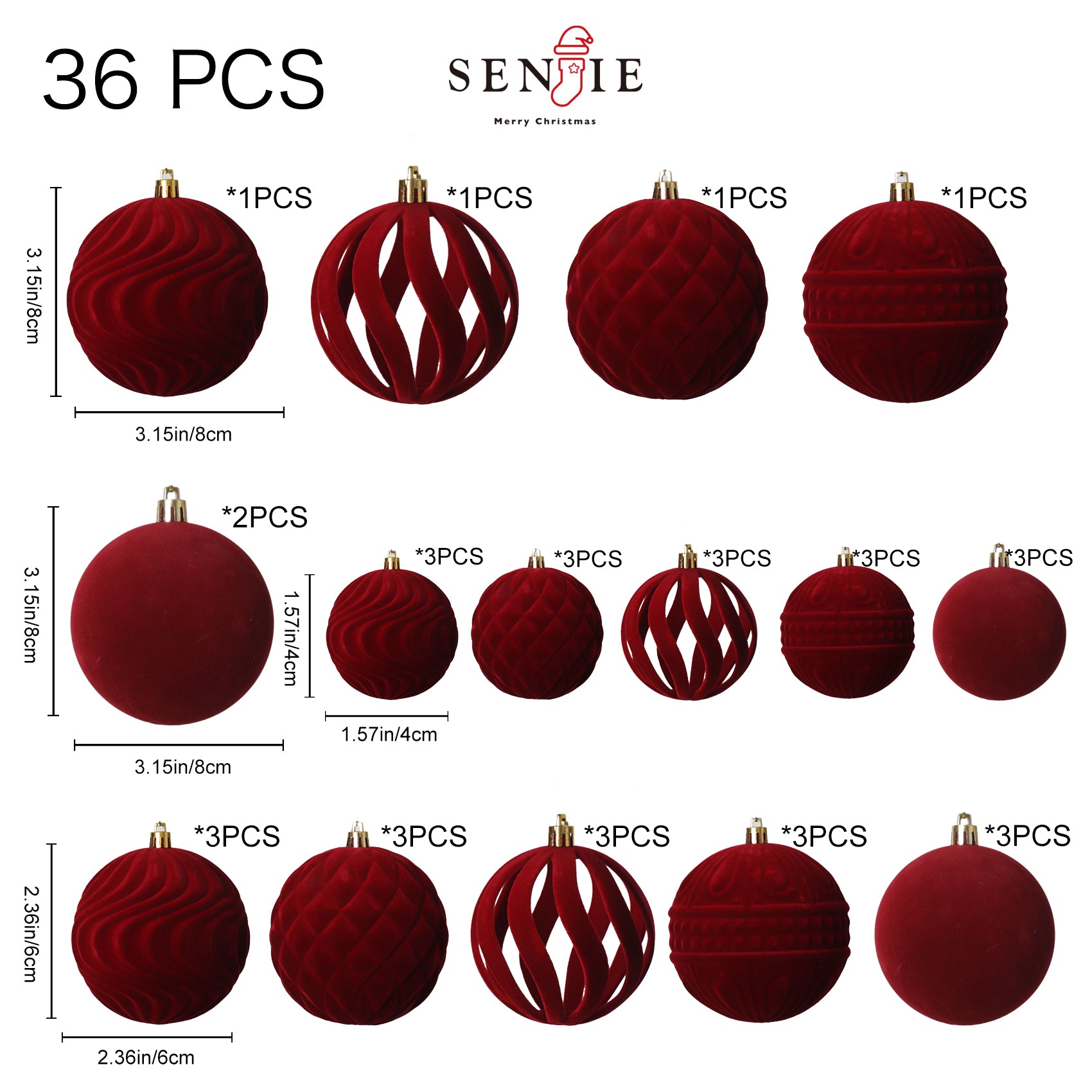 36pcs Velvet Ornaments for Christmas Trees, Flocked Christmas Balls Sets Assortment for Xmas Tree Holiday Decor