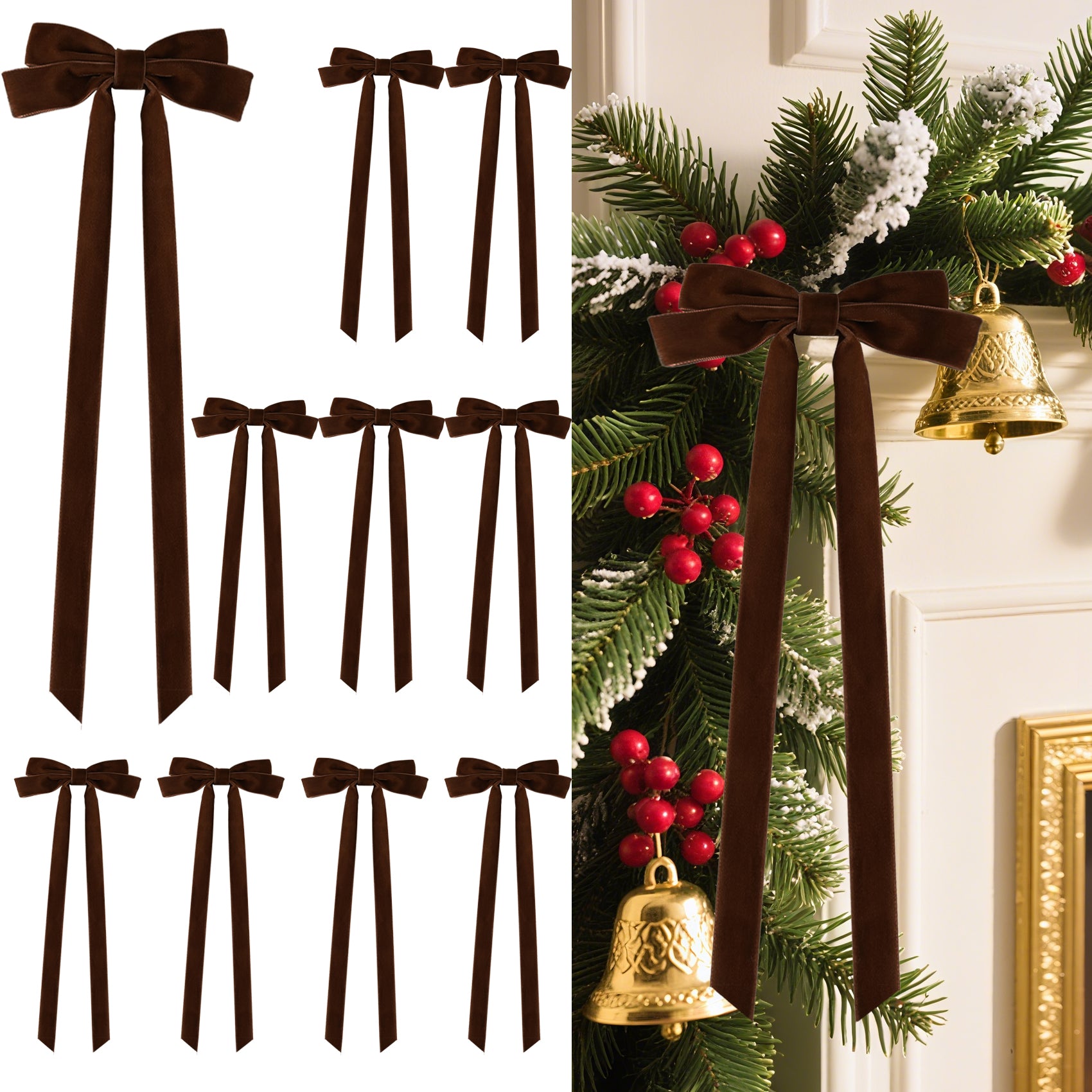 Senjie 10Pcs Large Velvet Christmas Tree Bows, 20in x 8in Premade Vintage Ribbon Tree Topper Bows Ornaments for Staircase Garland Wreath Holiday Home DIY Crafts Decorations