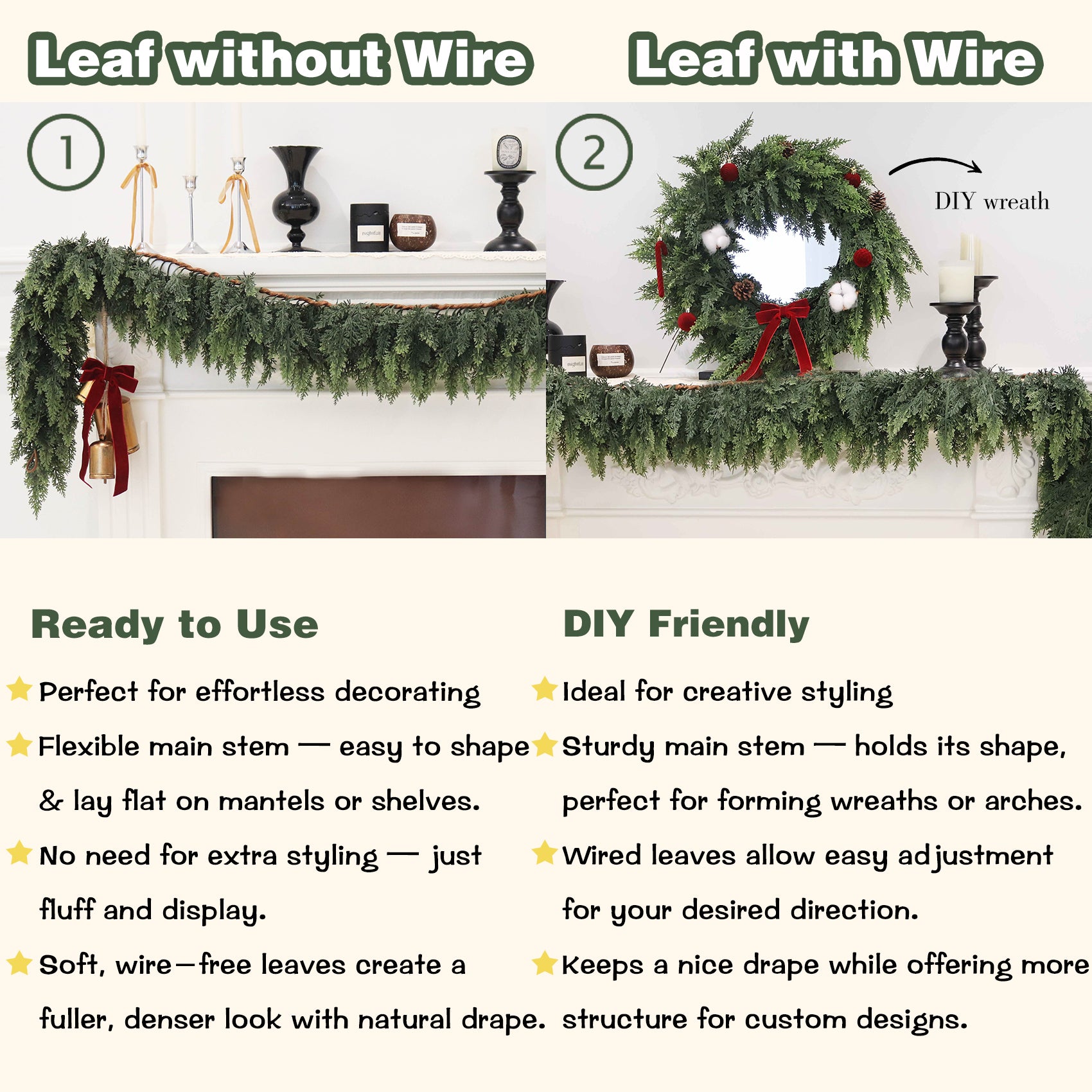 Artificial Cedar Garland for Christmas Decoration - Realistic Winter Greenery Garland for Mantel, Fireplace, Table, Door, Holiday Indoor Outdoor Decor