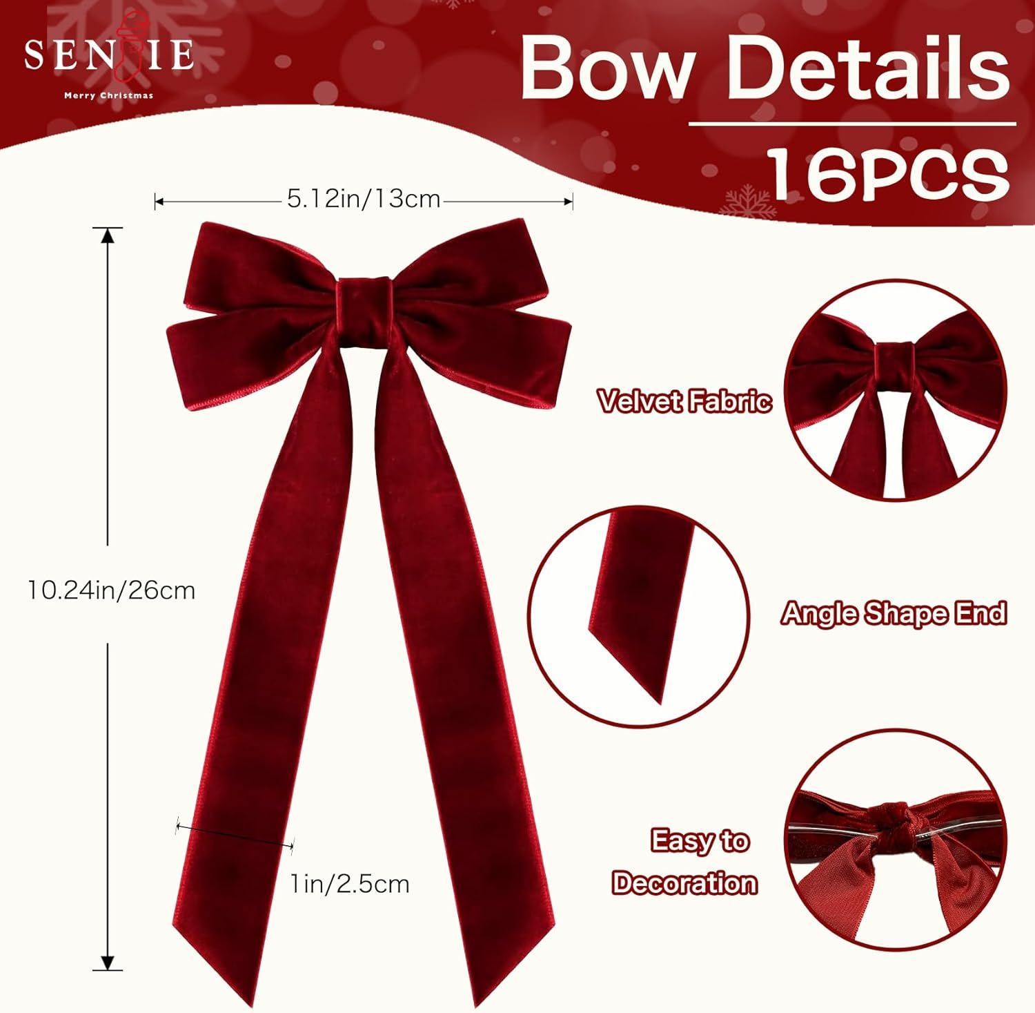 16Pcs Velvet Ribbon Bows for Christmas Tree, Vintage Rustic Small Craft Bows Ornaments for Garland Wreath Gift Wrapping Candy Bags Party DIY Decorations