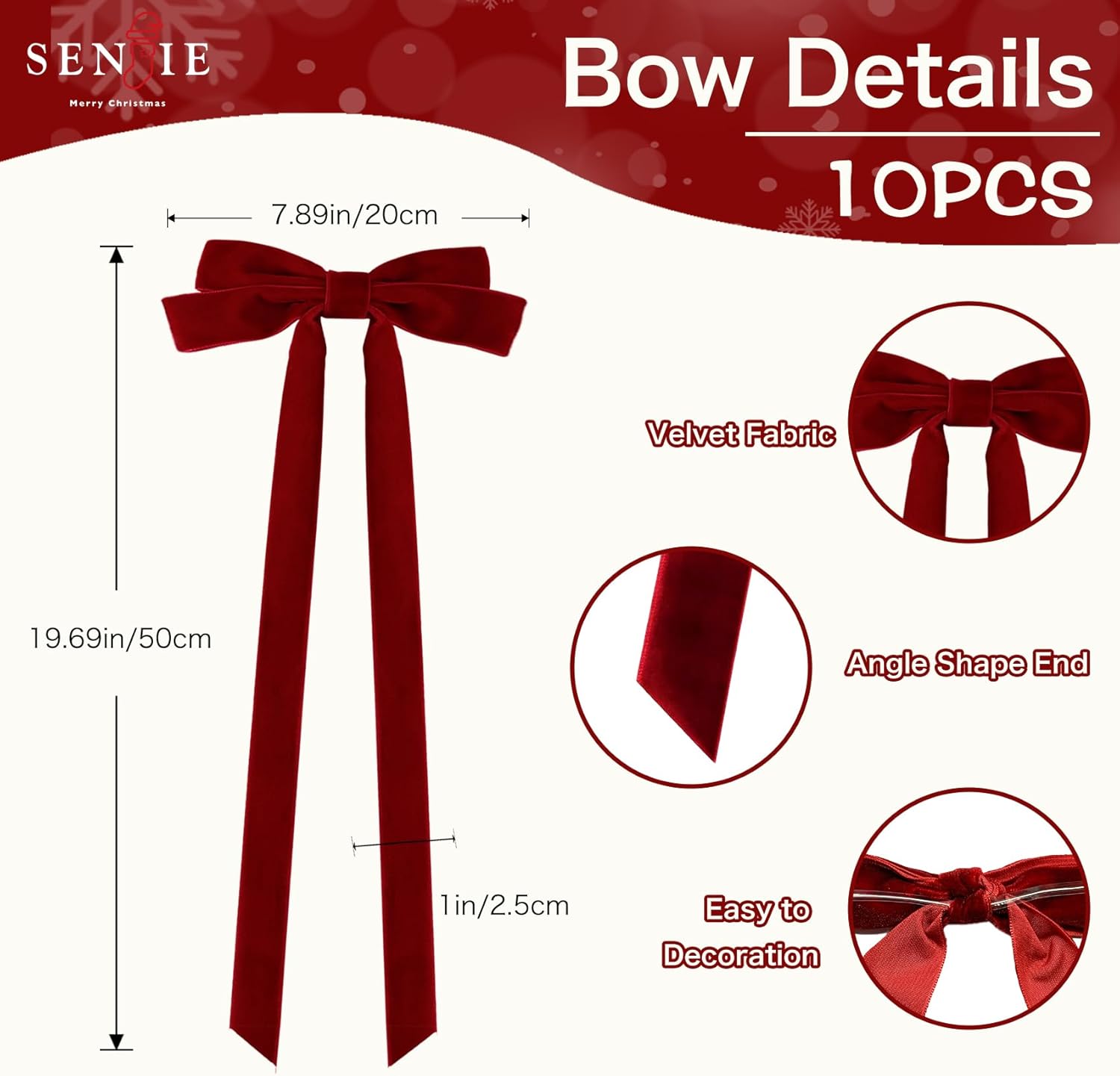 Senjie 10Pcs Large Velvet Christmas Tree Bows, 20in x 8in Premade Vintage Ribbon Tree Topper Bows Ornaments for Staircase Garland Wreath Holiday Home DIY Crafts Decorations
