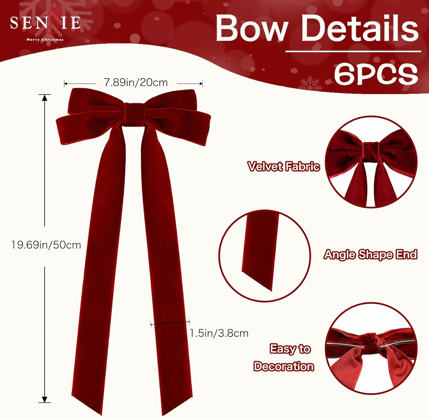 Senjie Velvet Large Christmas Bows for Staircase Garland Wreath, 20in x 8in Vintage Ribbon Bows with Twist Tie for Xmas Tree Holiday Indoor Outdoor Decorations 6Pcs