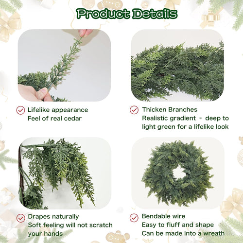 Christmas Cedar Garland Artificial Real Touch Thickness Realistic Greenery Pine Garland for Mantle Fireplace Outdoor Indoor Christmas Decorations