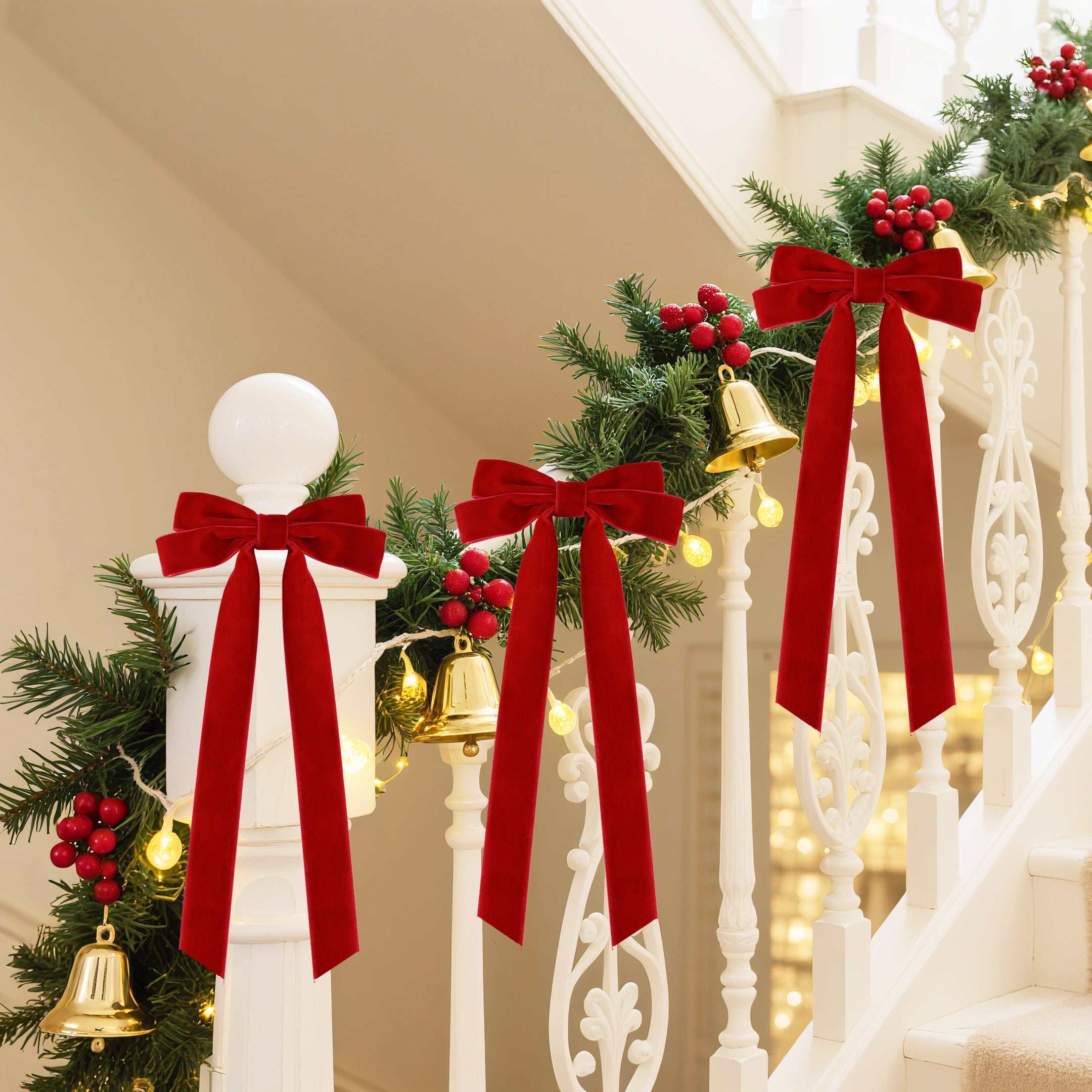 Senjie Velvet Large Christmas Bows for Staircase Garland Wreath, 20in x 8in Vintage Ribbon Bows with Twist Tie for Xmas Tree Holiday Indoor Outdoor Decorations 6Pcs