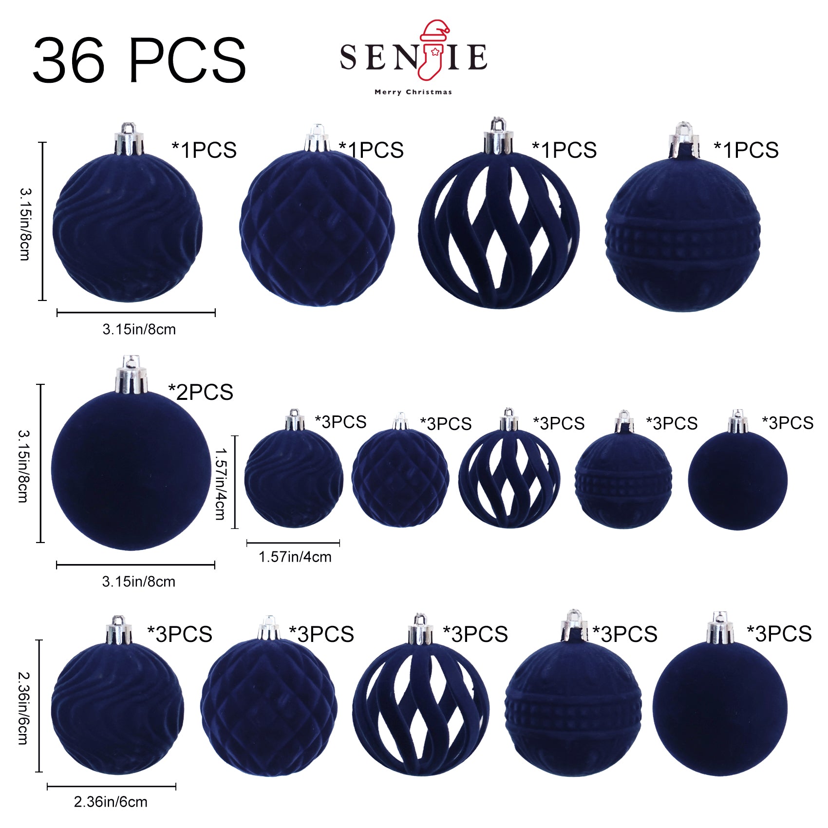 36pcs Velvet Ornaments for Christmas Trees, Flocked Christmas Balls Sets Assortment for Xmas Tree Holiday Decor