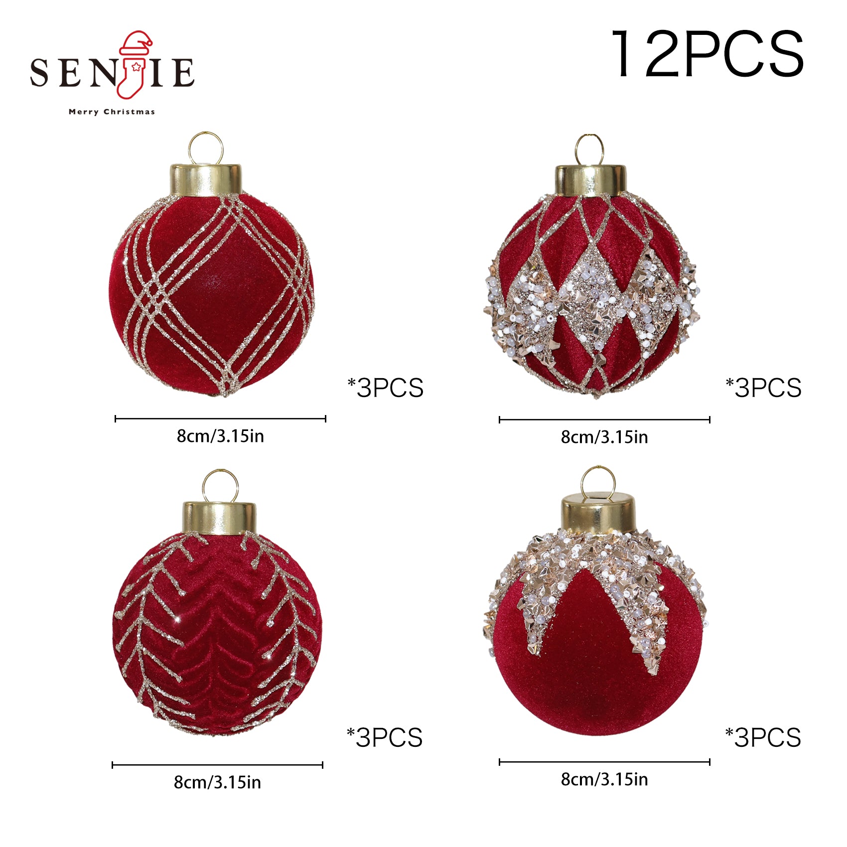 Velvet Ornaments for Christmas Tree, Glitter Flocked Christmas Ornaments Decorations Balls Set Decor