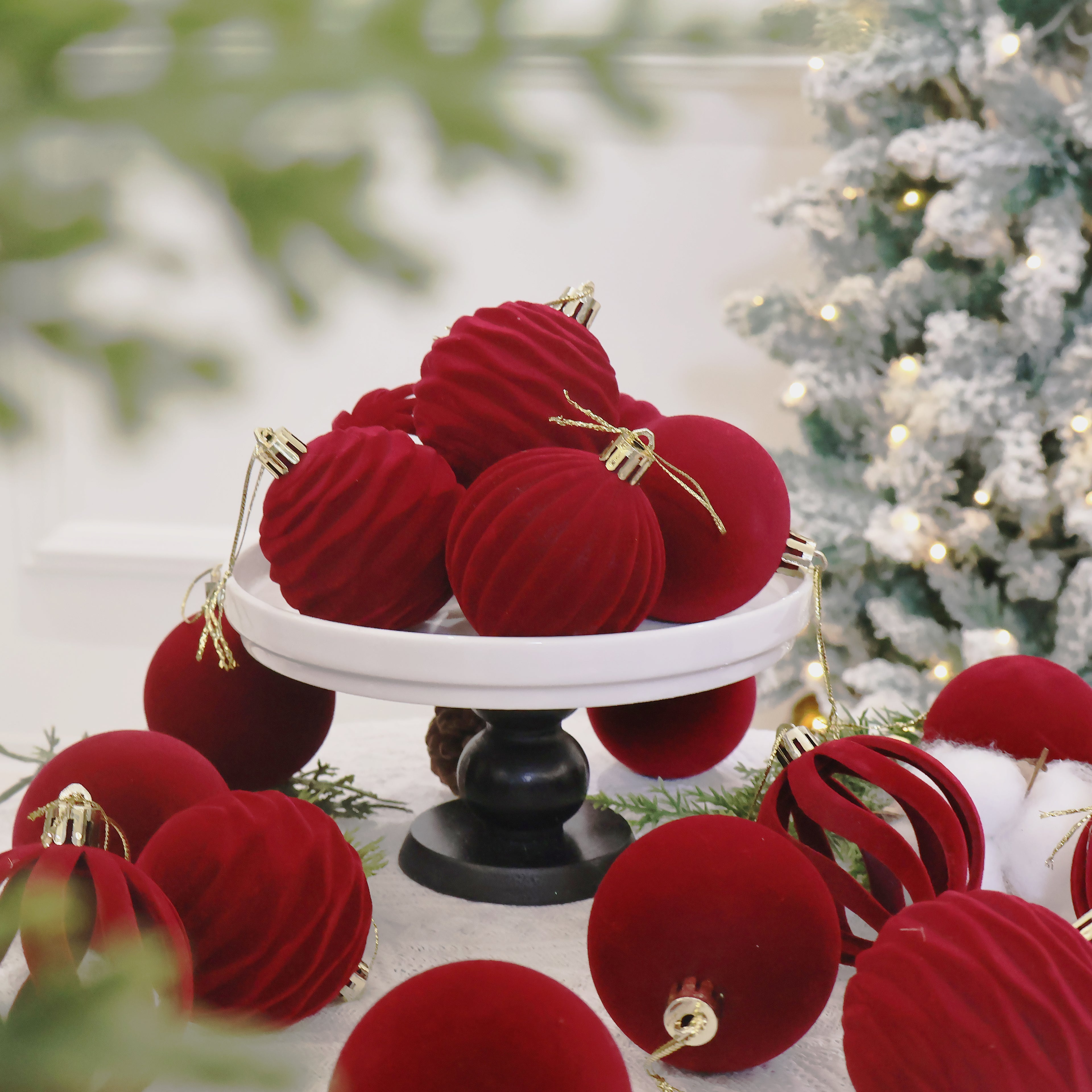 Senjie 3.15inch Burgundy Velvet Christmas Ornaments Balls Flocked Christmas Tree 12PCS Plastic Balls Xmas Hanging Ornaments Decoration Red