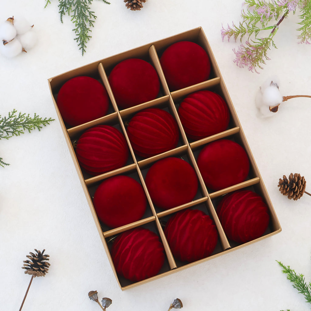 Senjie 3.15inch Burgundy Velvet Christmas Ornaments Balls Flocked Christmas Tree 12PCS Plastic Balls Xmas Hanging Ornaments Decoration Red