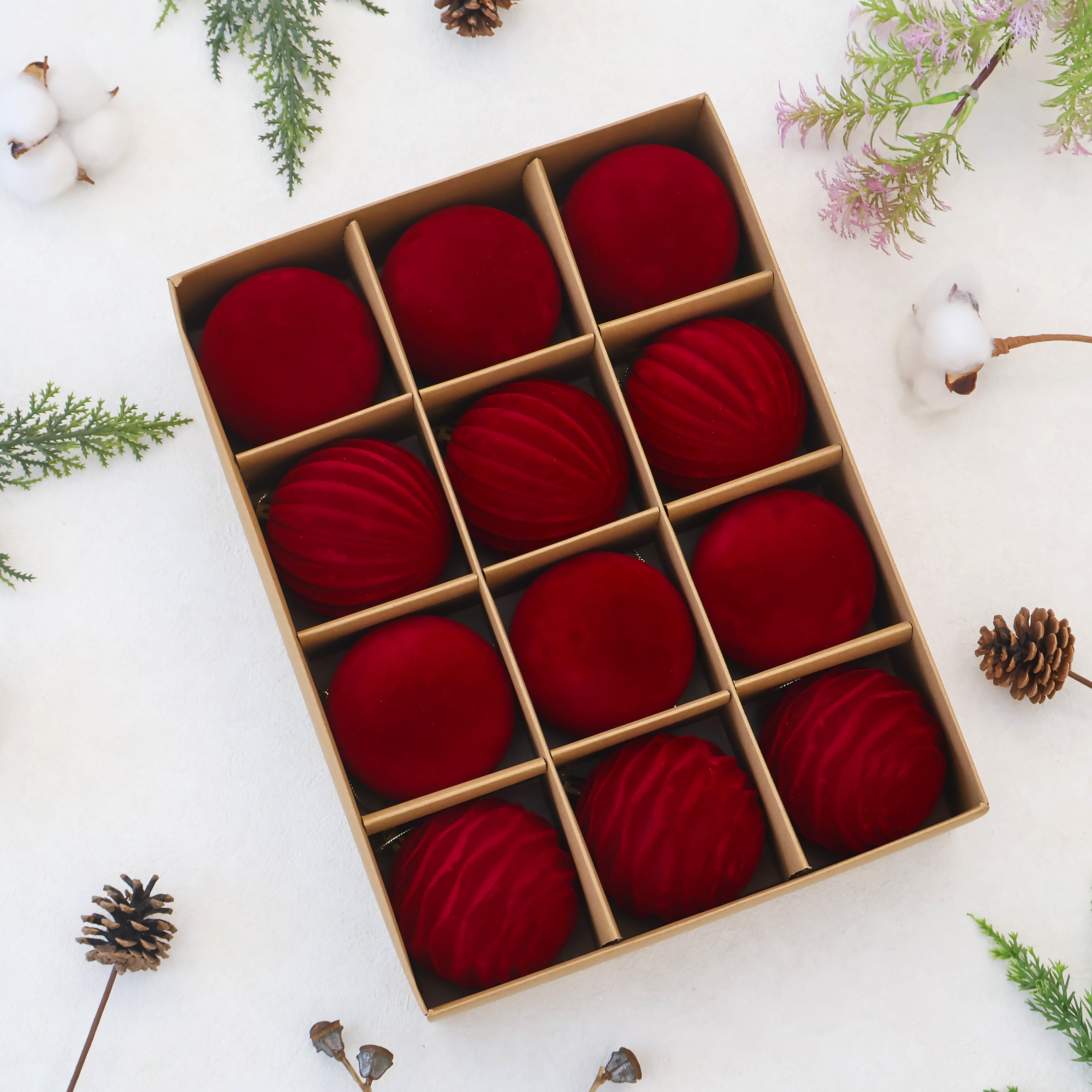 Senjie 3.15inch Burgundy Velvet Christmas Ornaments Balls Flocked Christmas Tree 12PCS Plastic Balls Xmas Hanging Ornaments Decoration Red