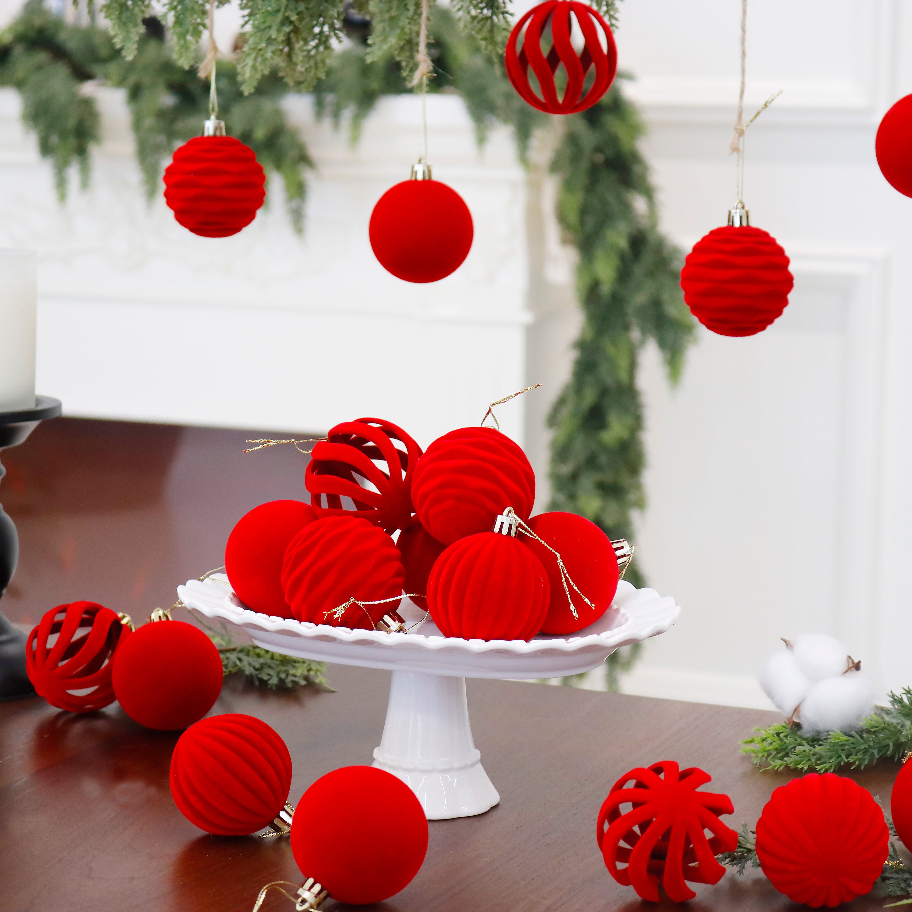 Senjie 3.15inch Burgundy Velvet Christmas Ornaments Balls Flocked Christmas Tree 12PCS Plastic Balls Xmas Hanging Ornaments Decoration Red