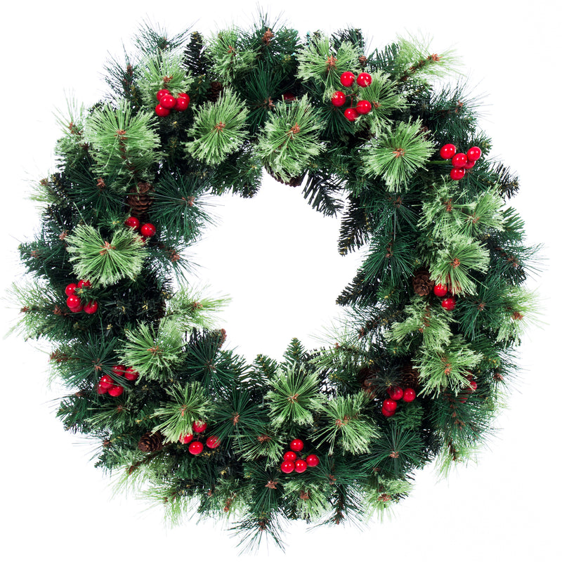 Artificial Christmas Pine Wreath with White Cones and Red Berries 24 In