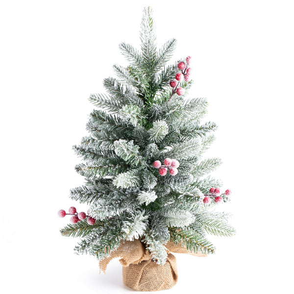 Artificial Mini Christmas Tree 22 inches with Red Berry,Flocked Fir Suitable for Tabletop