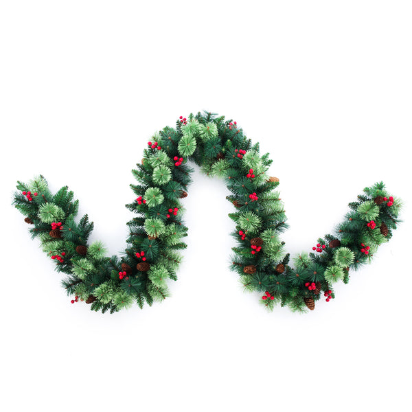 Classic Christmas Pine Garland with White Cones and Red Berries