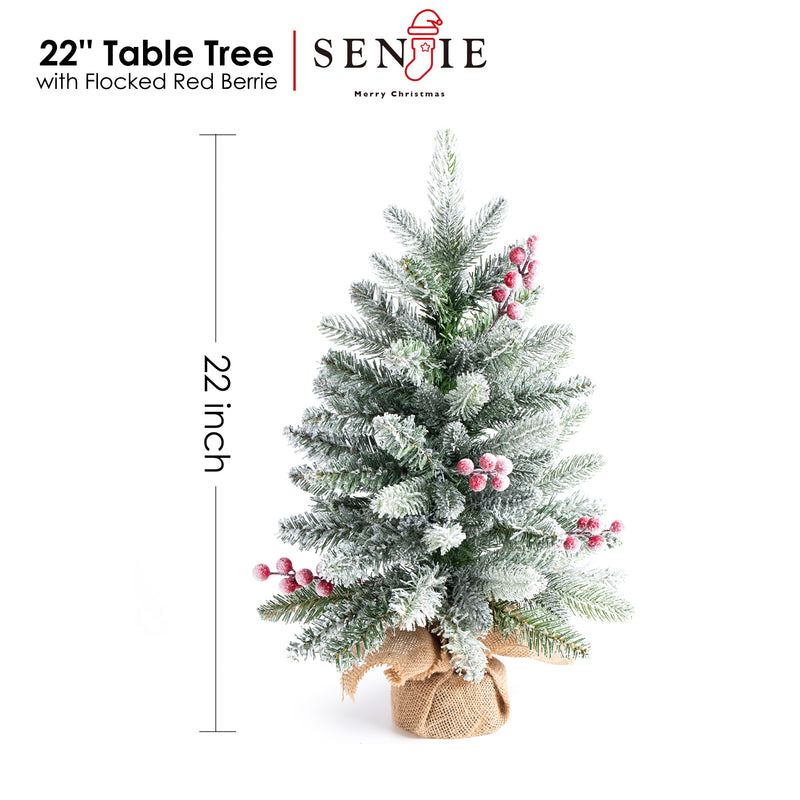 Artificial Mini Christmas Tree 22 inches with Red Berry,Flocked Fir Suitable for Tabletop