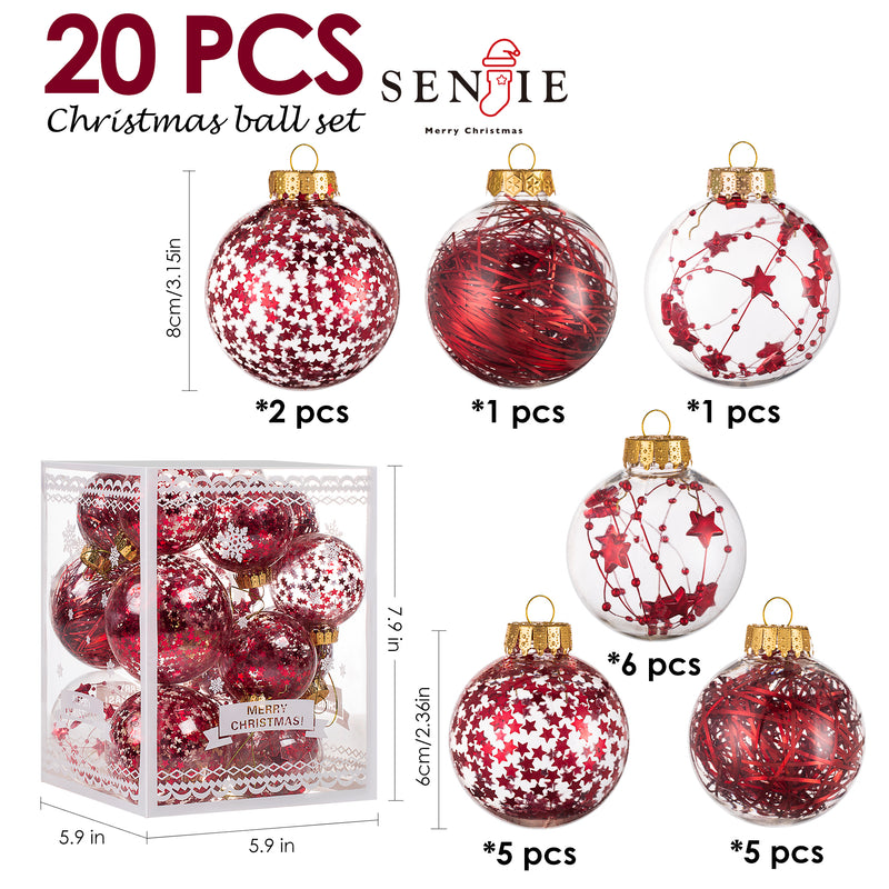 Christmas Ball Ornaments Set-Shatterproof Clear Plastic Decorative Baubles for Xmas Tree House Holiday Wedding Party Decoration, 20 PCS