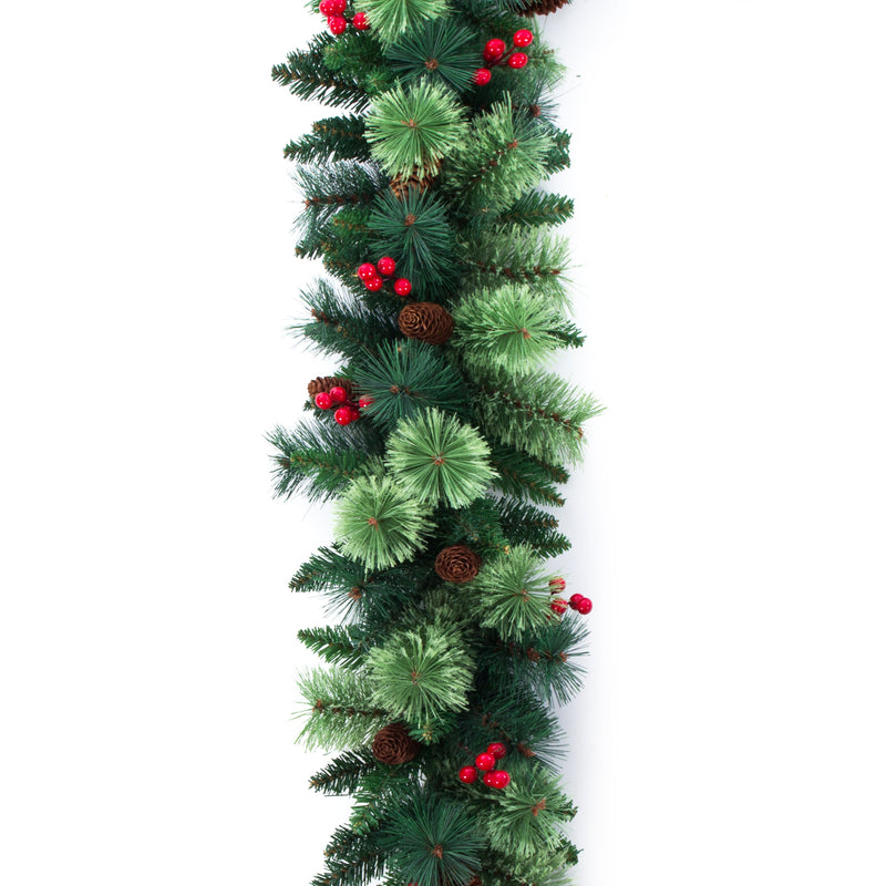 Classic Christmas Pine Garland with White Cones and Red Berries