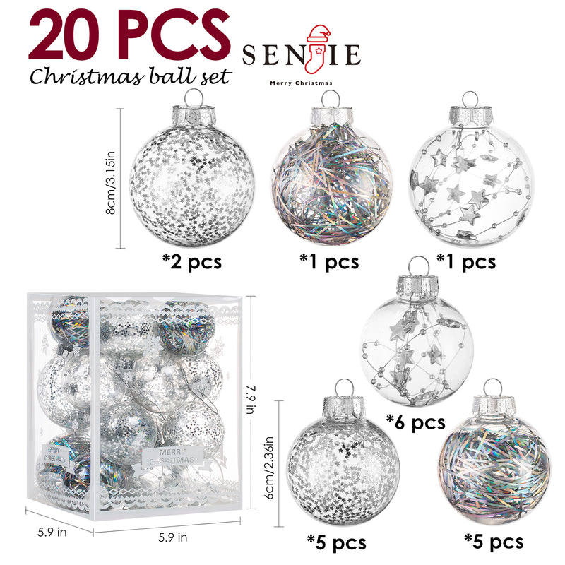 Christmas Ball Ornaments Set-Shatterproof Clear Plastic Decorative Baubles for Xmas Tree House Holiday Wedding Party Decoration, 20 PCS