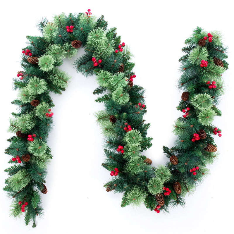 Classic Christmas Pine Garland with White Cones and Red Berries