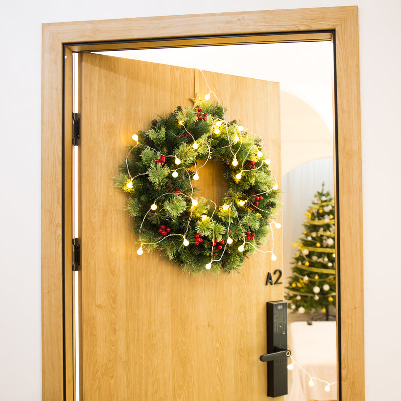 Artificial Christmas Pine Wreath with White Cones and Red Berries 24 In