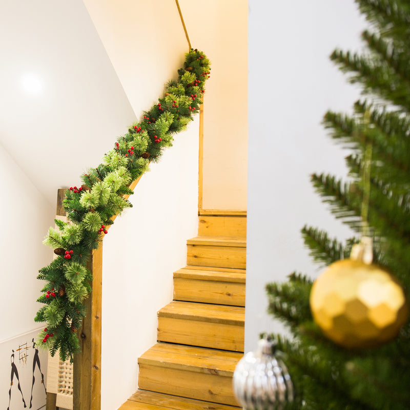 Classic Christmas Pine Garland with White Cones and Red Berries